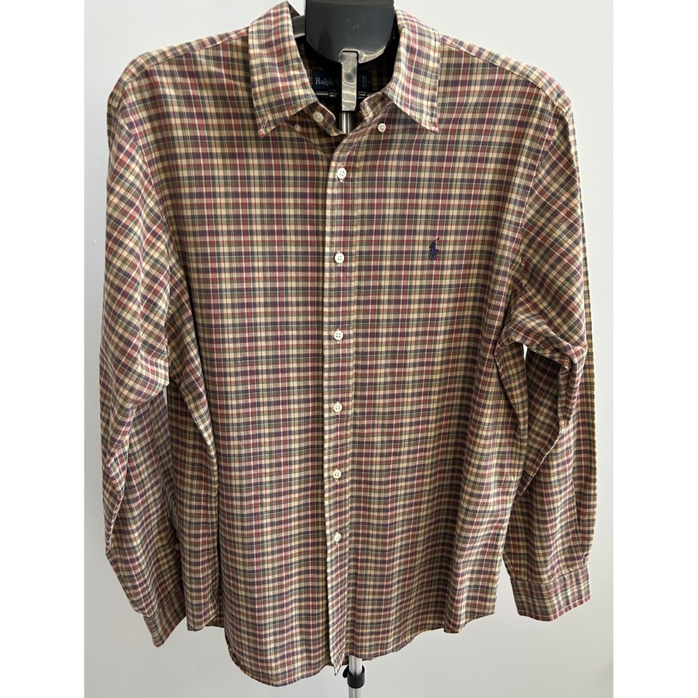 Ralph Lauren Classic Plaid Button Down Shirt Mens XL Tan Red Navy Long Sleeve